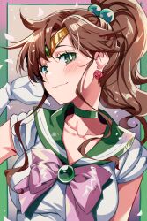  1girl absurdres bishoujo_senshi_sailor_moon bow breasts brown_hair choker collarbone earrings elbow_gloves ga-006 gloves green_background green_choker green_eyes green_sailor_collar hair_ornament hashtag-only_commentary highres jewelry kino_makoto long_hair looking_at_viewer magical_girl medium_breasts pink_bow ponytail sailor_collar sailor_jupiter sailor_senshi_uniform skirt smile upper_body white_gloves 
