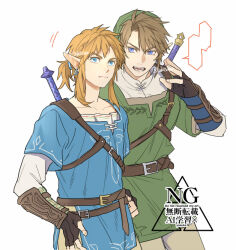  2boys armor belt black_gloves blonde_hair blue_eyes blue_tunic brown_belt closed_mouth commentary_request cowboy_shot earrings fingerless_gloves furrowed_brow gloves green_hat green_tunic grey_pants hair_between_eyes hair_tie hands_on_own_hips hat jewelry leather_armor link male_focus master_sword multiple_boys open_mouth pants parted_bangs phrygian_cap pointy_ears ponytail shirt short_hair short_ponytail sidelocks sword sword_on_back tadatwee the_legend_of_zelda the_legend_of_zelda:_breath_of_the_wild the_legend_of_zelda:_twilight_princess tunic twitter_username vambraces weapon weapon_on_back white_background white_shirt 