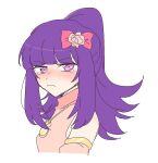  1girl blunt_bangs blush bow closed_mouth commentary_request cropped_torso detached_sleeves flower frown hair_bow hair_flower hair_ornament hanazono_shuuka idol_time_pripara long_hair nojima_minami pink_bow pink_flower pink_rose ponytail pretty_(series) pripara purple_hair rose sad simple_background solo tearing_up tears upper_body violet_eyes white_background 