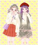  2girls :d absurdres alphabet amano_akari_(leo_to_mikazuki) bag beret black_hairband blue_shirt blunt_bangs blush bright_pupils cardigan center-flap_bangs closed_mouth coat commentary_request diamond_(shape) earrings feet_out_of_frame fingernails green_hairband grey_coat grey_eyes grey_hair grey_skirt hair_behind_ear hairband handbag hat heart heart_background heart_earrings highres holding_hands jewelry kinoshita_honoka knee_blush leo_to_mikazuki long_hair long_sleeves looking_at_viewer low_twintails medium_hair multiple_girls necklace open_mouth outline pink_nails plaid plaid_coat plaid_hairband plaid_skirt pleated_skirt purple_bag purple_hair red_headwear red_skirt shirt shirt_tucked_in shoulder_bag side-by-side signature skirt sleeveless sleeveless_coat sleeves_past_wrists smile star_(symbol) straight-on takizawa_honoka turtleneck twintails violet_eyes white_cardigan white_outline white_pupils white_shirt yellow_background 