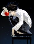  1boy apple bags_under_eyes barefoot black_eyes black_hair closed_mouth cofffee death_note denim food fruit full_body jeans l_(death_note) long_sleeves looking_at_viewer male_focus messy_hair pants red_apple short_hair solo squatting 