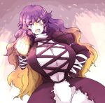  1girl black_dress breasts brown_hair clenched_hand colorized commentary dress english_commentary hijiri_byakuren huge_breasts layered_dress long_sleeves looking_at_viewer monyomoke open_mouth purple_hair quarium solo touhou turtleneck_dress violet_eyes 