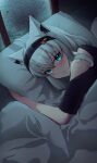  1girl absurdres ahoge animal_ear_fluff animal_ears black_hairband black_shirt blush commentary_request fox_ears fox_girl green_eyes hairband highres holding holding_pillow hololive long_hair looking_at_viewer lying on_side pillow shirakami_fubuki shirakami_fubuki_(7th_costume) shirt sidelocks smile solo under_covers virtual_youtuber white_hair window xkyoru 