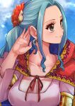  1girl aosora2823 artist_name black_eyes blue_hair closed_mouth clouds cloudy_sky commentary earrings english_commentary flower hair_flower hair_ornament highres hoop_earrings jewelry long_hair looking_to_the_side nefertari_vivi one_piece outdoors red_flower sky smile solo 