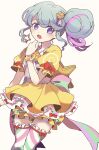  1girl absurdres blue_eyes blue_hair blush bow commentary_request cowboy_shot dress earrings hair_bun hair_ornament hand_up highres jewelry long_hair looking_at_viewer multicolored_hair nojima_minami open_mouth pink_hair pinon_(pripara) pretty_(series) pripara puffy_short_sleeves puffy_sleeves red_bow short_sleeves sidelocks single_hair_bun solo standing star_(symbol) star_earrings star_hair_ornament streaked_hair striped striped_thighhighs thigh-highs white_background yellow_dress 