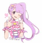 1girl ;d blunt_bangs blush bow cropped_torso double_v dress frilled_dress frills hair_bow hands_up heart long_hair looking_at_viewer manaka_non nojima_minami one_eye_closed open_mouth pink_bow pink_dress polka_dot polka_dot_dress pretty_(series) pripara purple_hair side_ponytail simple_background smile solo teeth upper_body upper_teeth_only v very_long_hair violet_eyes white_background wrist_cuffs 