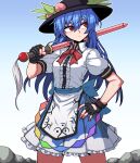  1girl black_gloves black_headwear blue_hair blue_skirt blush breasts buttons center_frills closed_mouth collared_shirt cowboy_shot fingernails formicid frilled_skirt frills fruit_hat_ornament gloves hair_between_eyes hat hat_ornament hinanawi_tenshi holding holding_sword holding_weapon korean_commentary long_hair medium_breasts miniskirt peach_hat_ornament puffy_short_sleeves puffy_sleeves red_eyes revision shirt short_sleeves skirt solo sword touhou weapon white_shirt 