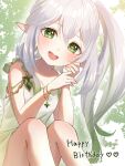  1girl ayn_(ayn_kau) bare_legs blush bracelet commentary dress flower-shaped_pupils genshin_impact gradient_hair green_eyes green_hair hands_up happy_birthday highres jewelry long_hair looking_at_viewer multicolored_hair nahida_(genshin_impact) open_mouth pointy_ears side_ponytail sitting smile solo symbol-shaped_pupils teeth upper_teeth_only white_dress white_hair 