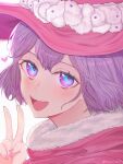  1girl black_clover blush capelet close-up dorothy_unsworth fur-trimmed_capelet fur_trim hat heart highres looking_at_viewer multicolored_eyes open_mouth pink_headwear purple_hair rizaavana short_hair simple_background smile solo v white_background witch witch_hat 