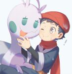  ! 1boy :t affectionate black_hair black_shirt closed_mouth commentary_request grey_eyes grey_jacket grey_pants hand_up happy hat hisuian_sliggoo jacket male_focus one_eye_closed pants pokemon pokemon_(creature) pokemon_(game) pokemon_legends:_arceus red_headwear red_scarf rei_(pokemon) scarf shirt short_hair slime_(substance) smile white_background wusagi2 