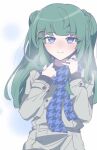  1girl blue_eyes blue_scarf blunt_bangs blunt_ends blush breath closed_mouth coat commentary_request green_hair grey_coat hands_up long_hair long_sleeves looking_at_viewer nojima_minami pretty_(series) pripara scarf smile solo tsukikawa_chiri two_side_up upper_body white_background winter_clothes winter_coat 