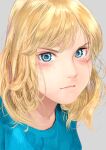  1girl blonde_hair blue_eyes blue_sweater blush closed_mouth commentary_request crying crying_with_eyes_open curly_hair grey_background highres long_hair looking_at_viewer original simple_background solo sweater tears torii_yoshitsuna 