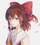  1girl ascot bow brown_eyes brown_hair frilled_bow frilled_hair_tubes frills hair_bow hair_tubes hakurei_reimu highres japanese_clothes looking_at_viewer miko petals red_bow red_eyes ribbon ribbon_trim short_hair sidelocks simple_background smile touhou upper_body vega00211 white_background yellow_ascot 