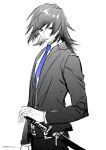  1boy blue_eyes blue_necktie closed_mouth collared_shirt cowboy_shot formal greyscale jacket katana kimetsu_no_yaiba long_hair long_sleeves looking_at_viewer male_focus monochrome necktie pants ruint sheath sheathed shirt simple_background solo spot_color standing suit sword tomioka_giyuu weapon 