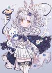  1girl animal_ear_fluff animal_ears artist_name bow braid dress grey_background grey_bow grey_hair hair_bow hand_up highres holding jikuno long_hair low_twin_braids original simple_background solo thigh-highs twin_braids v white_dress yellow_eyes 