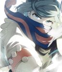  1boy aqua_eyes blue_scarf blurry commentary_request eyelashes floating_scarf green_hair grusha_(pokemon) highres holding holding_poke_ball jacket kurota_(hmdstk0801) long_sleeves looking_at_viewer male_focus poke_ball poke_ball_(basic) pokemon pokemon_(game) pokemon_sv scarf scarf_over_mouth solo striped striped_scarf upper_body white_background yellow_jacket 