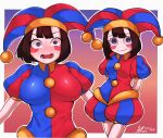  1girl arms_behind_back blue_bodysuit blue_eyes blue_headwear bodysuit brown_hair clytie_youyu312 colored_skin hat hat_bell highres jester jester_cap looking_at_viewer medium_hair multicolored_clothes multicolored_headwear pomni_(the_amazing_digital_circus) red_eyes red_headwear solo striped striped_headwear sweat the_amazing_digital_circus two-tone_eyes vertical-striped_bodysuit vertical-striped_headwear vertical_stripes white_skin 
