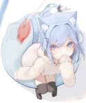  1girl absurdres animal_ear_fluff animal_ears animal_hood black_thighhighs blue_hair blurry blurry_foreground brown_hoodie cat_ears cat_girl cat_tail commentary covered_mouth depth_of_field drawstring fake_animal_ears foreshortening from_above hair_between_eyes hair_intakes hair_ornament hairclip hand_up highres hood hood_down hoodie looking_at_viewer looking_up mayogii no_shoes original signature sitting solo symbol-only_commentary tail thigh-highs violet_eyes x_hair_ornament 