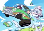  &gt;_o 3girls blue_sky blunt_bangs bright_pupils broken_window brown_hair car commentary_request damaged day driving fuu_(koneko_no_yomeiri) grass green_hair green_hairband grey_hair hagoromo hairband hand_on_own_head hanging_on headgear highres japanese_clothes kimono knife long_hair long_sleeves looking_ahead looking_down midair motor_vehicle multiple_girls nervous_smile nervous_sweating one_eye_closed open_mouth red_eyes scared shawl siblings sisters sky smile sweat tasuki tearing_up through_window tire touhoku_itako touhoku_kiritan touhoku_zunko twintails v-shaped_eyebrows violet_eyes voiceroid white_kimono white_pupils wide_sleeves yellow_eyes zunda_mochi 
