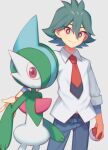  1boy belt belt_buckle bright_pupils buckle closed_mouth collared_shirt commentary_request gallade green_hair hair_between_eyes holding holding_poke_ball male_focus necktie pants poke_ball poke_ball_(basic) pokemon pokemon_(anime) pokemon_(creature) pokemon_journeys red_necktie rinto_(pokemon) shirt smile undershirt violet_eyes white_pupils white_shirt wusagi2 