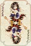  1girl arrow_print black_hair carbohydrate_(asta4282) card dress fingernails highres joker_(playing_card) kijin_seija long_fingernails looking_at_viewer multicolored_hair playing_card purple_nails red_eyes redhead short_sleeves solo streaked_hair touhou white_dress white_hair 