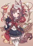  1girl animal_ear_fluff animal_ears braid brown_background brown_hair flower hand_up highres holding jikuno low_twin_braids open_mouth original red_eyes simple_background solo tail thigh-highs twin_braids v 