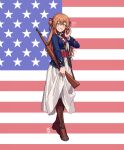  absurdres american_flag american_flag_background american_flag_print ammunition blue_shirt blush bolt_action boots breasts brown_footwear brown_hair clip_(weapon) clothes_lift collared_dress collared_shirt dress dress_lift english_commentary flag_print full_body girls_frontline green_eyes gun hair_between_eyes hair_ribbon hair_rings hand_in_own_hair hand_up heart highres hilt large_breasts long_hair long_sleeves looking_at_viewer m1903_springfield open_clothes open_mouth open_shirt ostwindprojekt red_ribbon ribbon rifle rifle_cartridge shirt sling_(weapon) smile springfield_(girls&#039;_frontline) thigh_boots two_side_up weapon white_dress 