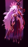  1girl bare_shoulders bat_girl embla_(fire_emblem) fire_emblem fire_emblem_heroes fuzzdropsbears highres holding holding_staff long_hair looking_at_viewer pointy_ears red_eyes solo staff white_hair 