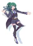  1girl :o absurdres belt black_jacket black_shorts black_thighhighs black_vest blue_eyes blue_necktie brown_belt collared_shirt commentary_request cosplay drop_shadow full_body green_hair hand_up high_heels high_ponytail highres jacket long_hair long_sleeves minami_mirei minami_mirei_(cosplay) necktie nojima_minami open_clothes open_jacket open_mouth outstretched_arm pretty_(series) pripara shirt shorts solo standing thigh-highs tsukikawa_chiri vest white_background white_shirt 