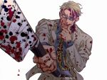  1boy animal_print belt blood blood_on_clothes blood_on_face blood_on_weapon blood_splatter brown_belt brown_eyes collared_shirt cowboy_shot goggles grey_jacket grey_pants grey_suit hand_on_own_chin holding holding_knife holding_weapon jacket jujutsu_kaisen kijinkutsu knife leopard_print long_sleeves looking_at_viewer male_focus nanami_kento necktie pants shirt solo suit teeth upper_teeth_only watch watch weapon white_background 