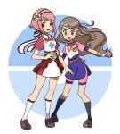  2girls belt blue_socks brown_eyes brown_footwear brown_hair dot_nose english_commentary fire_emblem fire_emblem_fates hana_(fire_emblem) headband holding holding_poke_ball long_hair looking_at_viewer lumi_teacup multiple_girls official_style open_mouth parody pink_hair poke_ball pokemon sakura_(fire_emblem) shoes short_hair smile socks white_background white_socks 