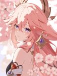  1girl blurry blurry_foreground cherry_blossoms closed_mouth flower from_behind genshin_impact hair_between_eyes highres long_hair looking_at_viewer looking_back pink_flower pink_hair shoulder_blades smile solo upper_body violet_eyes yae_miko zerosama_(sailuojiang) 