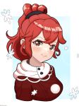  1girl alternate_costume anna_(fire_emblem) closed_mouth crossed_bangs fire_emblem fire_emblem_engage highres long_hair looking_at_viewer ponytail red_eyes red_sweater redhead scarf smile snowflakes solo sweater thedarkestuno upper_body white_scarf 