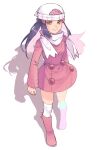  1girl ayan_ip beanie black_hair boots buttons closed_mouth coat commentary eyelashes full_body hair_ornament hairclip hat highres hikari_(pokemon) long_hair long_sleeves looking_at_viewer over-kneehighs pink_coat pink_footwear pokemon pokemon_adventures scarf sidelocks smile solo standing thigh-highs white_background white_headwear white_scarf yellow_eyes 