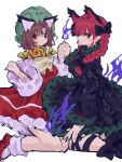  2girls :3 absurdres animal_ear_fluff animal_ears black_bow black_dress black_footwear blue_fire blush bow bowtie braid brown_hair cat_ears chen dress earrings extra_ears fire floral_print footwear_bow friends frills ghost green_dress green_headwear highres hitodama holding_hands jewelry kaenbyou_rin leg_ribbon long_hair long_sleeves looking_back mugi_(mugimugi_9kv) multiple_girls pointy_ears red_dress red_eyes red_footwear ribbon short_hair simple_background single_earring sitting sketch slit_pupils touhou twin_braids white_background yellow_bow yellow_bowtie 