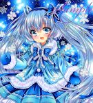  1girl :d blue_background blue_bow blue_bowtie blue_coat blue_eyes blue_hair blue_hairband blue_mittens blue_ribbon blue_skirt blue_theme bow bowtie coat commentary cowboy_shot frilled_bow frilled_bowtie frills fur-trimmed_coat fur_trim hair_bow hair_ribbon hairband hatsune_miku light_blue_hair long_hair long_sleeves looking_at_viewer marker_(medium) mittens open_mouth ribbon rui_(sugar3) sample_watermark skirt smile snowflakes solo standing traditional_media twintails very_long_hair vocaloid watermark yuki_miku yuki_miku_(2012) 