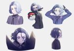  1boy amethio_(pokemon) awase_tsukasa black_gloves black_jacket black_necktie black_ribbon bright_pupils buttons collared_shirt commentary_request corviknight gloves hands_up highres jacket long_sleeves looking_at_viewer loose_hair_strand male_focus multicolored_hair multiple_views neck_ribbon necktie poke_ball poke_ball_(basic) pokemon pokemon_(anime) pokemon_(creature) pokemon_horizons ribbon shirt short_hair throwing violet_eyes white_pupils 