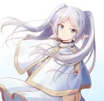  1girl blue_eyes capelet dress elf floating_hair frieren highres long_hair parted_bangs pointy_ears shizuna_kaede simple_background solo sousou_no_frieren standing twintails white_background white_capelet white_dress white_hair 