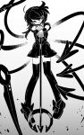  1girl ahoge asymmetrical_wings bow commentary dress floating footwear_bow full_body gradient_background greyscale grin hair_between_eyes hair_over_one_eye head_tilt highres holding holding_polearm holding_weapon houjuu_nue ichirugi long_bangs long_hair looking_at_viewer mary_janes monochrome polearm shoes short_dress short_sleeves smile solo thigh-highs touhou trident weapon wings wristband zettai_ryouiki 