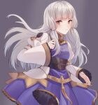  1girl blunt_bangs closed_mouth cowboy_shot dress fire_emblem fire_emblem:_three_houses fire_emblem_warriors:_three_hopes frilled_skirt frills gold_trim grey_background hair_ornament highres juliet_sleeves lilshironeko long_hair long_sleeves looking_at_viewer lysithea_von_ordelia official_alternate_costume official_alternate_hairstyle open_mouth pink_eyes puffy_sleeves purple_dress sash simple_background skirt solo white_dress white_hair 