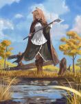  1girl absurdres animal_ear_fluff animal_ears apron axe bird blue_sky brown_cape brown_eyes brown_hair cape carrying closed_mouth clouds commentary_request copyright_request day dress full_body glint green_dress hand_up highres holding holding_axe jenmin12 long_hair long_sleeves looking_at_viewer maid_headdress outdoors sky solo_focus standing tree white_apron 