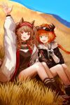 2girls absurdres angelina_(arknights) animal_ears arknights black_dress black_gloves black_jacket black_socks blue_sky brown_hair coat commentary_request cow_girl cow_horns croissant_(arknights) dress feet_out_of_frame fox_ears fox_girl full_body fur-trimmed_jacket fur_trim gloves green_eyes green_shirt hand_up headband highres hill horns infection_monitor_(arknights) jacket long_hair looking_at_viewer multiple_girls one_eye_closed open_clothes open_coat open_mouth outdoors ponytail red_eyes red_headband runamonet shirt shoes sidelocks signature sitting sky smile sneakers socks striped_headband teeth twintails two-tone_gloves upper_teeth_only visor_cap waving wavy_hair wheat_field white_coat white_gloves white_headband 