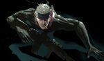  1boy black_bodysuit bodysuit cigarette cofffee facial_hair gloves grey_hair gun headband holding holding_gun holding_weapon looking_at_viewer male_focus metal_gear_(series) metal_gear_solid_4:_guns_of_the_patriots mustache old_snake short_hair simple_background skin_tight solid_snake solo weapon white_hair 