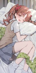  1girl absurdres blush brown_eyes brown_hair brown_vest character_print green_pajamas grey_skirt highres legs long_hair looking_at_viewer ningen_mame on_bed one_eye_closed open_mouth pajamas parted_bangs pillow pleated_skirt school_uniform shirai_kuroko shirt short_sleeves skirt smile socks solo sweater_vest thighs toaru_kagaku_no_railgun toaru_majutsu_no_index tokiwadai_school_uniform twintails vest white_shirt white_socks 