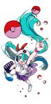  1girl absurdres aqua_eyes aqua_hair bag beanie butterpan_zz collared_shirt gloves hair_between_eyes hair_through_headwear hat hatsune_miku headphones highres long_hair looking_up open_mouth pleated_skirt poke_ball pokemon project_voltage psychic_miku_(project_voltage) shirt shoulder_bag simple_background single_glove skirt smile twintails very_long_hair vocaloid white_background white_footwear white_gloves white_headwear white_shirt 