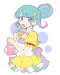  1girl bag blue_eyes blue_hair blush bow commentary_request cropped_legs dress earrings hair_bun hair_ornament hands_up holding holding_bag jewelry looking_at_viewer multicolored_hair nojima_minami open_mouth pink_hair pinon_(pripara) pretty_(series) pripara short_hair sidelocks single_hair_bun solo standing star_(symbol) star_earrings star_hair_ornament streaked_hair striped white_background yellow_dress 