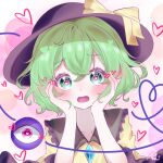  1girl 72mikan_1687 black_headwear blush bow buttons collar commentary_request crossed_bangs diamond_button double-parted_bangs eyelashes frilled_shirt_collar frills green_collar green_eyes green_hair hair_between_eyes hands_on_own_cheeks hands_on_own_face hands_up hat hat_bow heart heart-shaped_pupils highres komeiji_koishi looking_at_viewer lovestruck medium_hair open_mouth pink_background shirt signature simple_background solo straight-on symbol-shaped_pupils tareme third_eye touhou upper_body violet_eyes wavy_hair wide-eyed yellow_bow yellow_shirt 