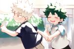  2boys absurdres aged_down all_might bakugou_katsuki black_shirt black_shorts blonde_hair blue_shirt blush boku_no_hero_academia bush card character_name child closed_eyes commentary curly_hair day eyes_visible_through_hair freckles from_side green_hair grey_shirt grin hands_up happy highres holding holding_card holding_hands light looking_ahead male_focus meltnotmelt midoriya_izuku multiple_boys open_mouth outdoors outstretched_arm outstretched_arms profile radar_chart raglan_sleeves red_eyes round_teeth sanpaku shirt short_hair short_sleeves shorts sideways_mouth smile spiky_hair sunlight symbol-only_commentary t-shirt teeth trading_card upper_body walking 