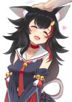 1girl @-you_(you_2023_8_16) animal_ear_fluff animal_ears bell black_hair black_shirt black_sleeves choker closed_eyes detached_sleeves happy headpat heart highres hololive long_hair ookami_mio ookami_mio_(1st_costume) petting red_choker redhead revision sailor_collar shirt simple_background striped virtual_youtuber white_background wolf_ears