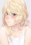  1girl blonde_hair blue_eyes blush camisole closed_mouth commentary_request grey_background hair_between_eyes highres long_hair looking_at_viewer original simple_background solo torii_yoshitsuna upper_body white_camisole 
